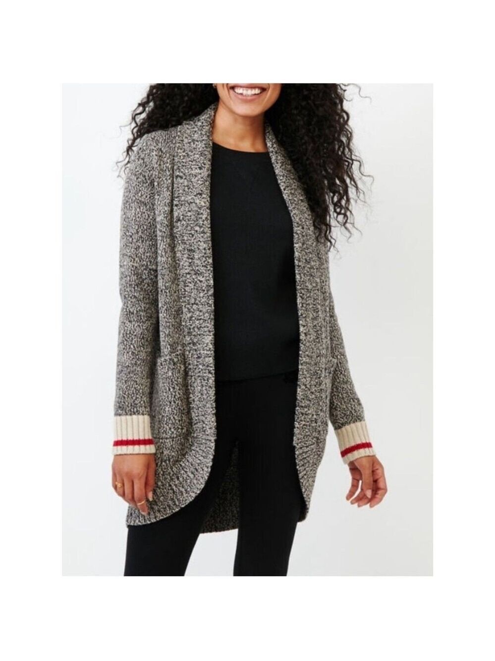 Roots Canada Black Cream Knit Shawl Collar Long Line Cardigan XXL